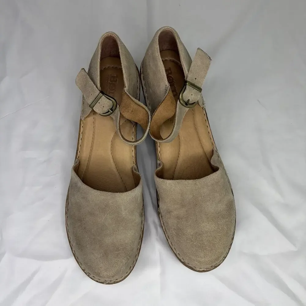 Born Nellie Wedge Mary Jane Leather Shoes Suede Tan Color Size 11M, boho-chic